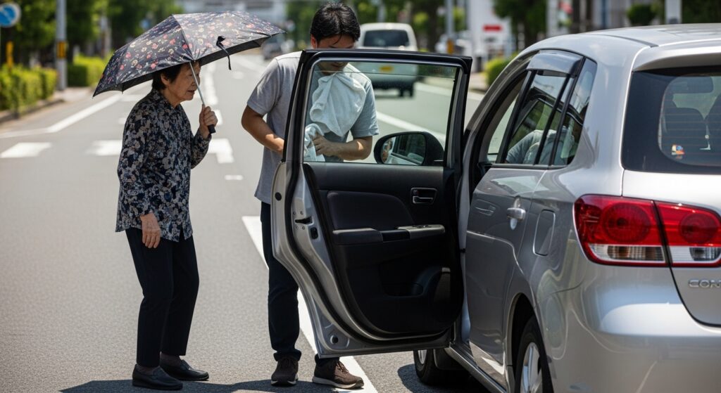 日傘をさした高齢女性が車に乗り込むシーン。酷暑の都市生活で公共交通より車移動が現実的になっている様子。