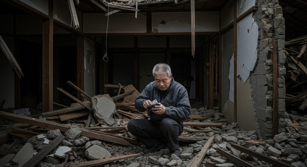 「地震で倒壊した家屋の中で財布を開きカードを探す高齢男性。災害時の運転困難や避難リスクを象徴するシーン。」