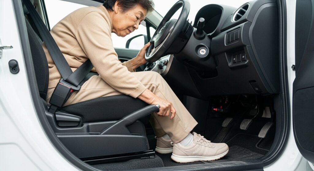 「高齢女性ドライバーが運転席で足の位置とシートを調整している。正しい姿勢を確認して安全運転の準備をしている様子。」
