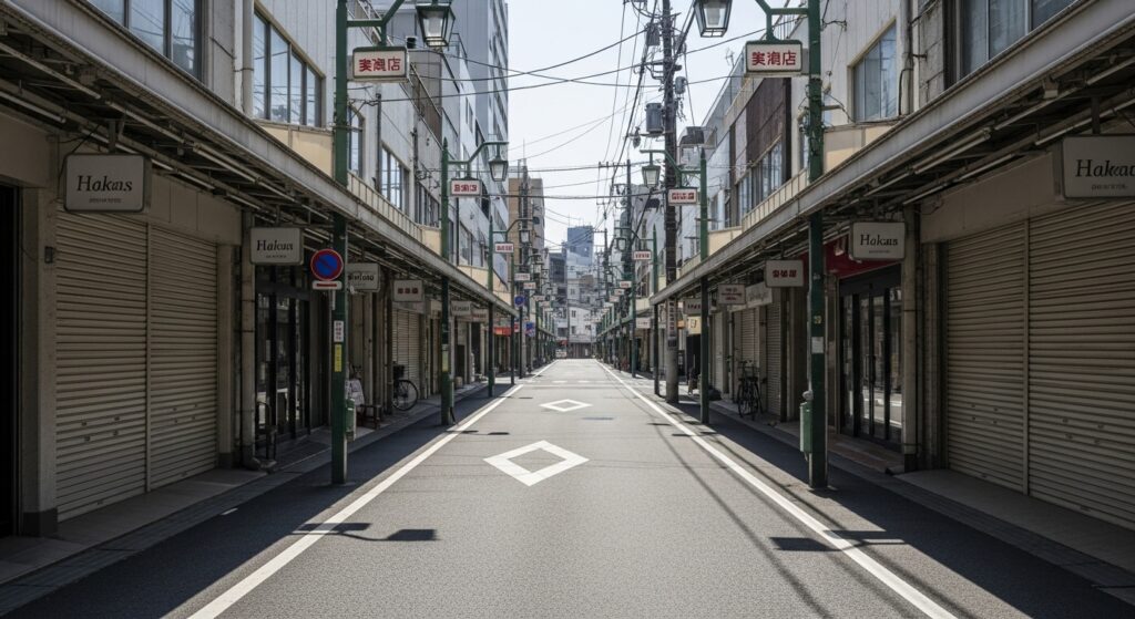 真夏の猛暑で人通りが消えた東京の商店街。シャッターが閉じ静まり返った街並み。