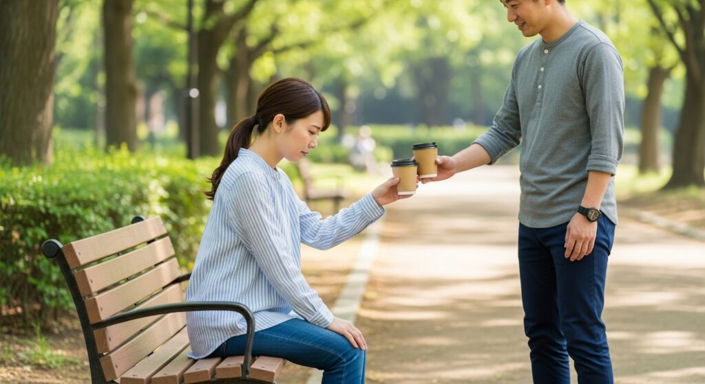公園のベンチでうつむく女性に、男性がコーヒーを渡して励ますシーン。運転練習で落ち込んだ心を支えるメンタルサポートの重要性を表現。