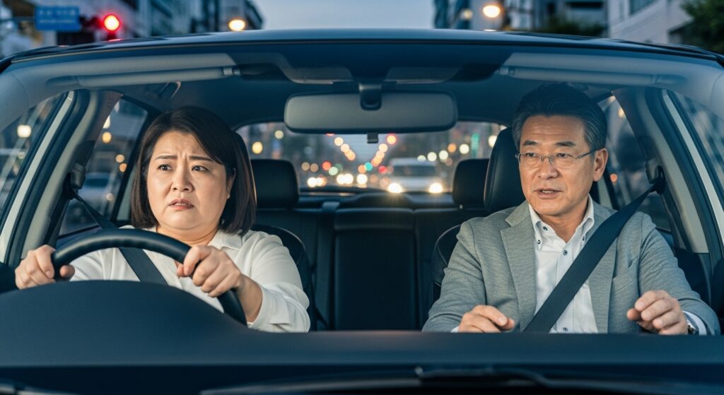 「夕方の市街地で運転練習をする50代女性。緊張した表情でハンドルを握り、助手席のインストラクターが声をかけて指導している様子。」