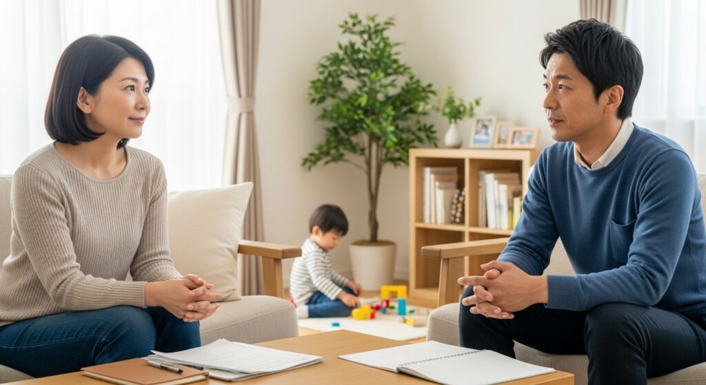 リビングで夫婦が向かい合って家計や車の購入について話し合っている様子。後ろでは子どもが遊んでいる。