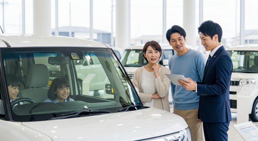 家族が自動車ディーラーで軽自動車を検討している様子。営業担当者がタブレットで説明し、子どもは車内に座って試乗気分を楽しんでいる。