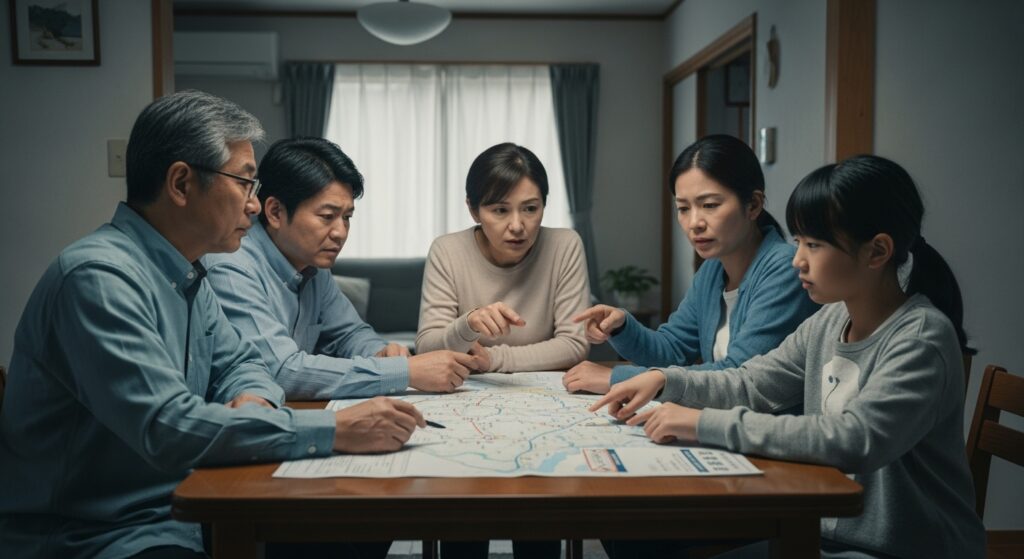 「家族が食卓でハザードマップを囲み、災害時の避難ルートや運転担当を話し合っている様子。家庭での防災会議の重要性を示すシーン。」