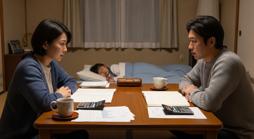 子どもが寝静まった後、夫婦が家計や教育費について真剣に話し合う様子