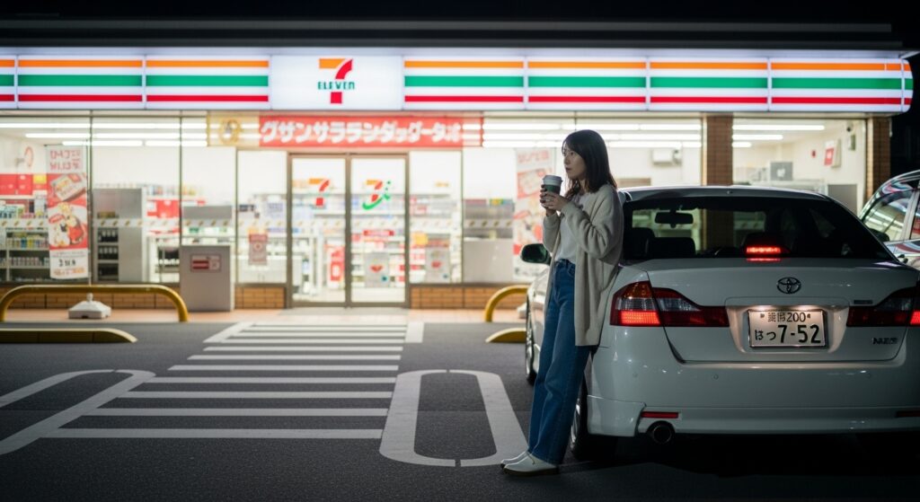 夜のセブンイレブン前で車を停めてコーヒーを飲む女性ドライバー