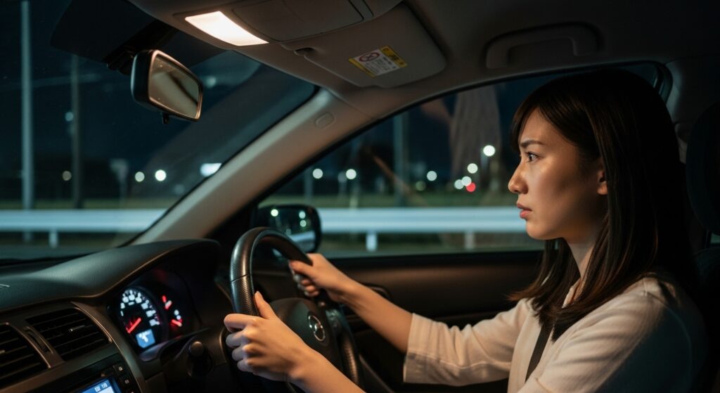 夜の道路で真剣に運転する女性ドライバーの様子