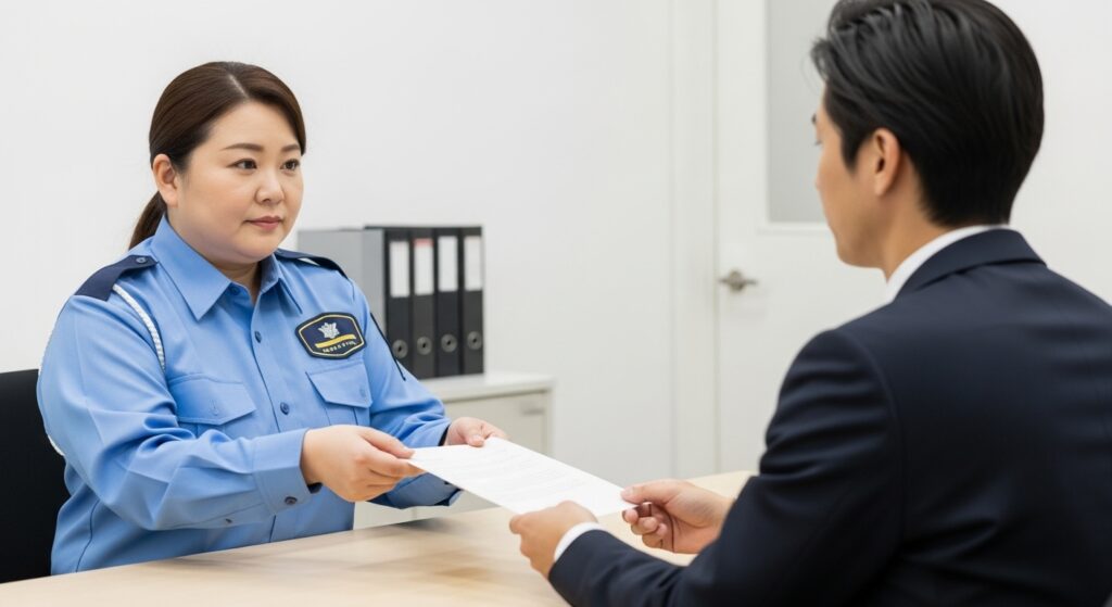 「50代の女性警備員が上司に退職届を提出している様子。制服姿で机越しに書類を差し出し、真剣な表情を浮かべている。」