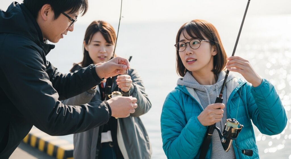 「初めての釣りでスタッフにサポートしてもらう30代女性」