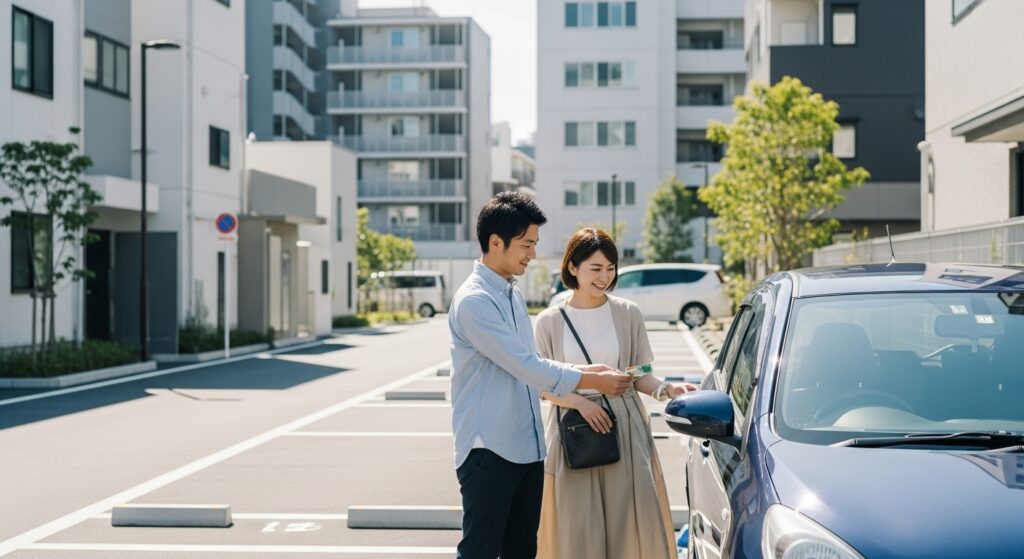 「青いカーシェアの車を利用する夫婦。駐車場でカードをかざして解錠するシーン」