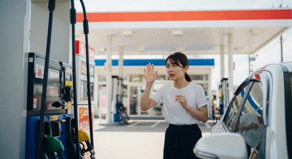 ペーパードライバー講習 ガソリンスタンドでの初心者トラブル ガソリンスタンドで困惑する女性ドライバー|給油口の位置や燃料の種類を間違えそうになっているシーン