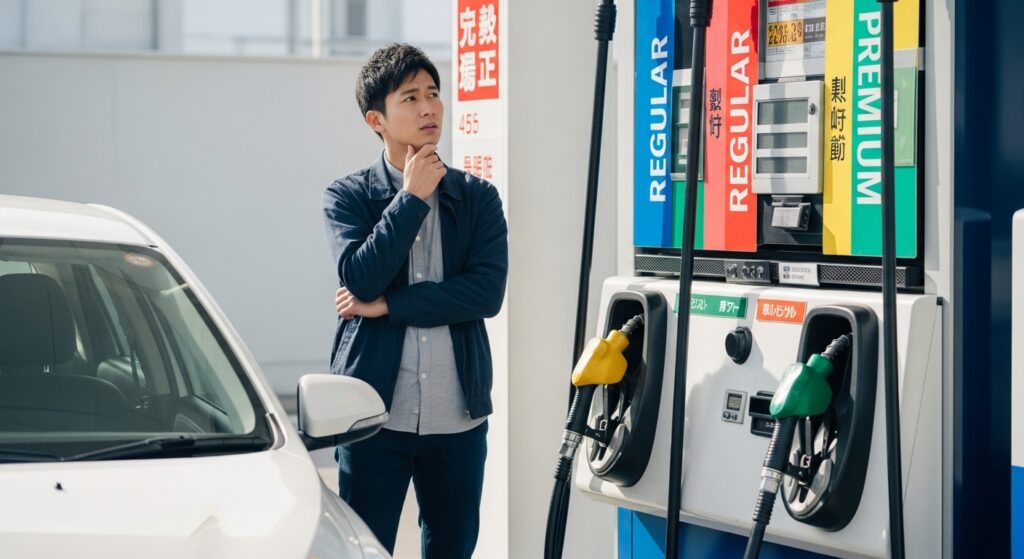 ガソリンスタンドでレギュラーかハイオクか迷っている男性ドライバーの様子