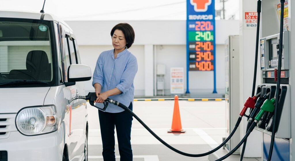 50代の日本人女性がガソリンスタンドで軽自動車に給油している様子。都市部でのガソリン価格高騰と家計負担を連想させるシーン。