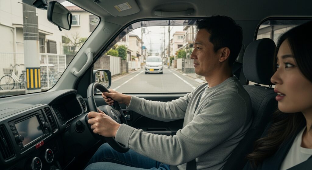 「住宅街の細い道を落ち着いて運転する男性と、安心した表情で同乗する女性。周囲にも配慮した安全運転のイメージ。」