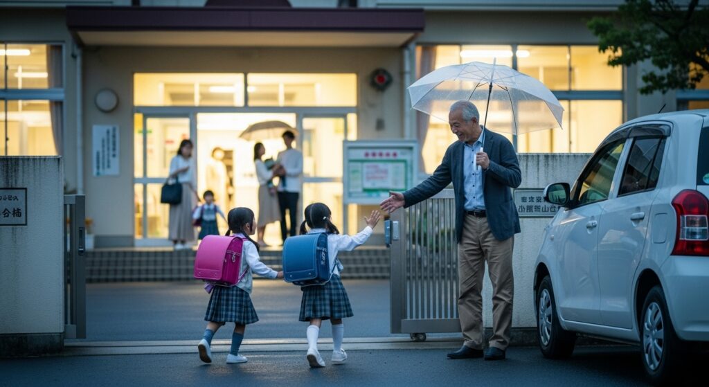 小学校の前で祖父が傘を差しながら孫を迎える様子。他の保護者と並んで子どもを迎える光景は、家族の支えと教育機会のつながりを示している