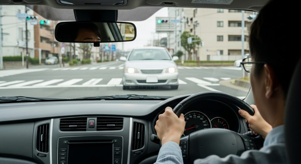 一般道の交差点で逆走車が正面から迫る危険なシーン｜逆走の典型例と注意点