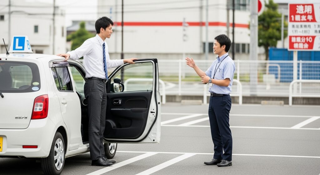「初台エリアの駐車場で、30代男性が車から降り、インストラクターと対話しながら駐車練習のポイントを確認しているシーン。」