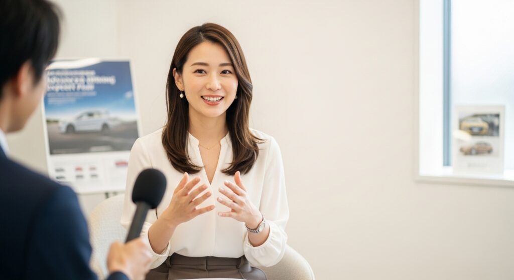 「エキスパートプランを受講した30代女性がインタビューに答え、受講前後の変化を笑顔で語っている。運転への自信や判断力が向上した感想を話している様子。」