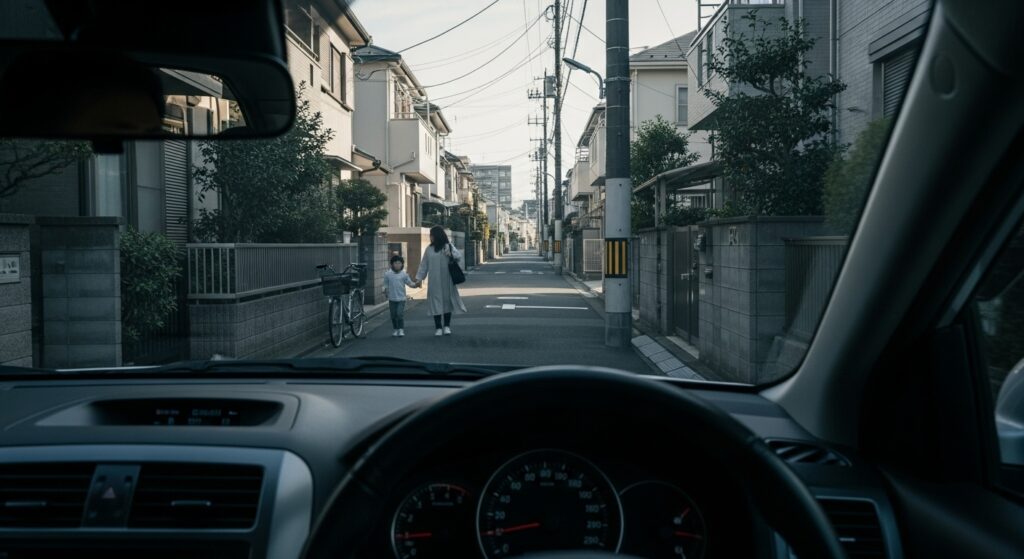「車載視点で見た東京都内の住宅街。前方には母親と子どもが歩いており、ドライバーが減速して安全確認している場面。危険予測トレーニングの実践シーン。」