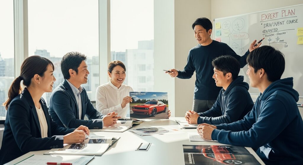 「東京都内限定エキスパートプランの開発会議シーン。インストラクターと参加者がホワイトボードと資料を使い、運転スキル上達のためのプログラムを真剣に議論している。」