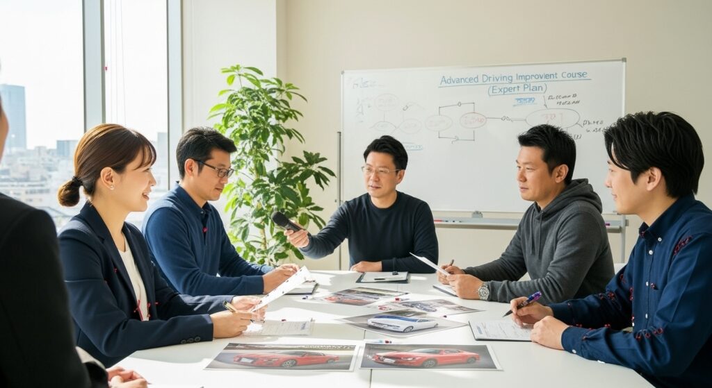 「エキスパートプランのステップ1、高度カウンセリングの様子。受講者がインストラクターと一緒にヒヤリ・ハット体験や苦手ルートを共有し、個別の練習ルートを設計しているミーティング風景。」