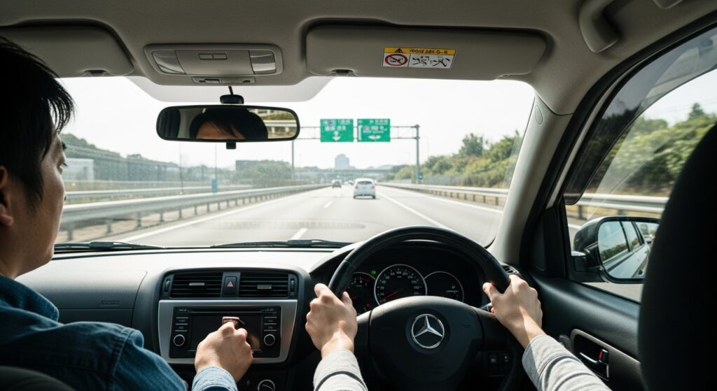 「高速道路を走行する車内の視点。30代男性ドライバーが落ち着いてハンドルを握り、助手席に同乗者が座っている。前方には緑の案内標識と走行車両が見える。」