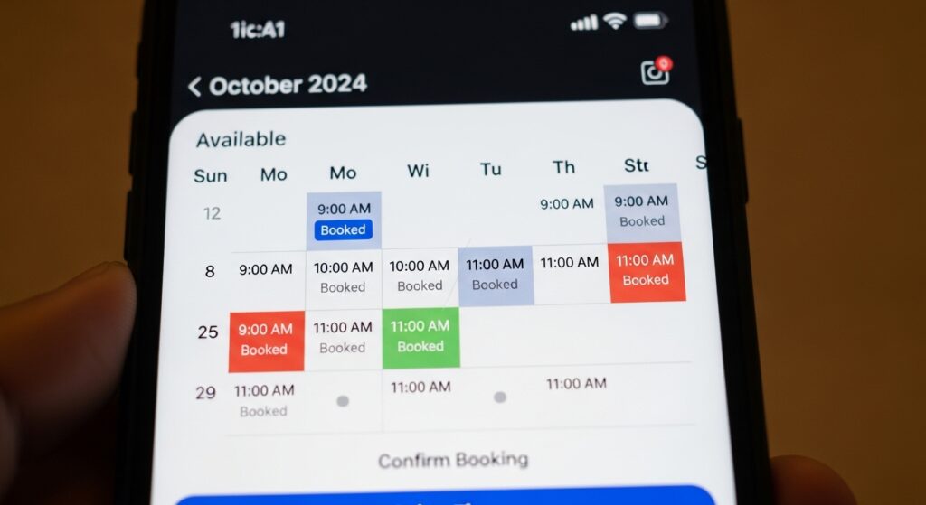 「ハートフルドライビングのTimeRex予約カレンダー|空き枠を確認してその場で予約」 「TimeRexの予約カレンダー画面。ペーパードライバー講習の空き枠をスマホで確認している様子」