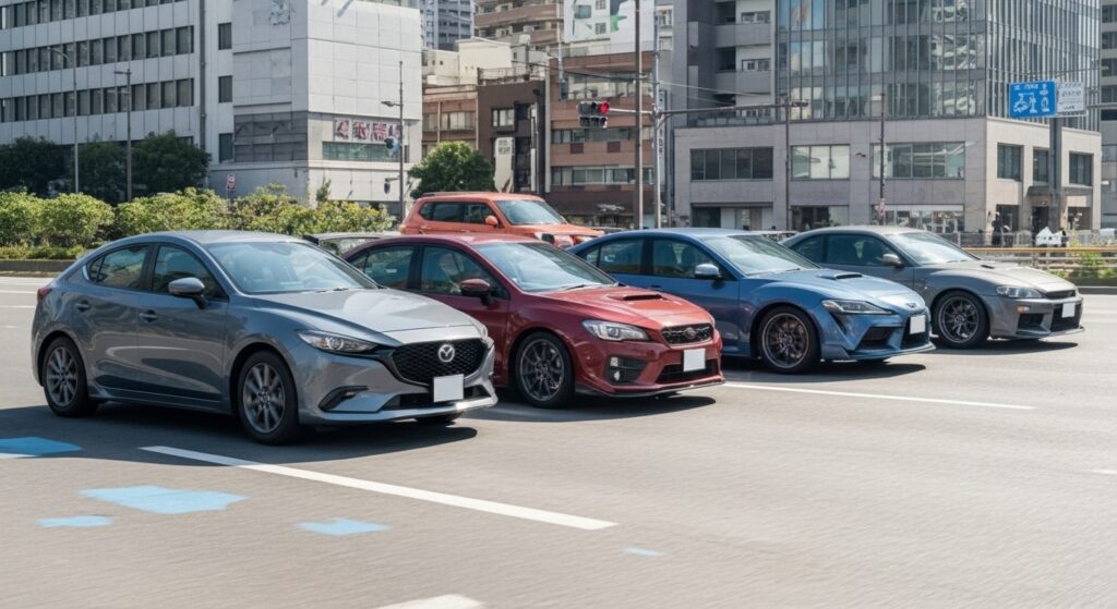「東京都内の大通りで、マツダ3、スバルWRX、トヨタスープラ、日産スカイラインなどのスポーツカーが横一列に並んで停車している。複数車線の右折・左折や合流の練習をイメージさせるシーン。」