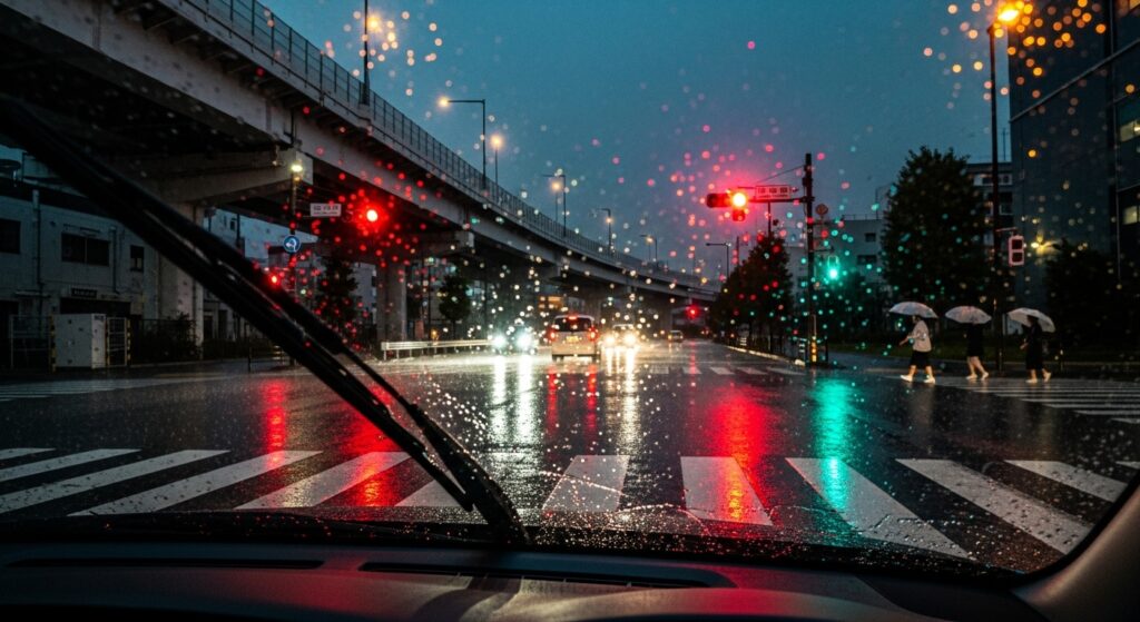 豪雨の夜、交差点手前で停止する車の車内視点。ワイパー越しに赤信号と歩行者、濡れた路面に反射するライトが見える。