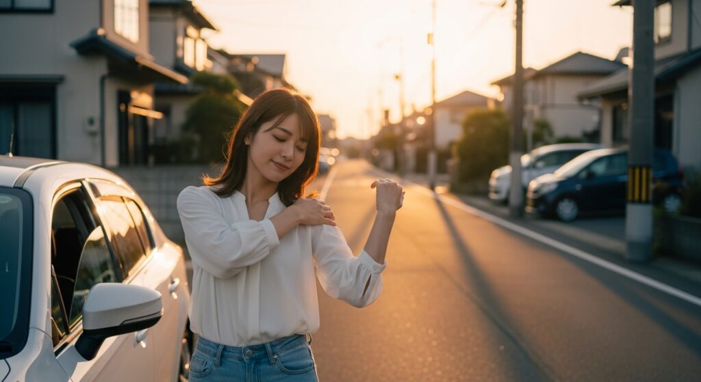 夕暮れの住宅街で車を停め、肩や腕をほぐしてリラックスする20代女性ドライバー。運転後の緊張を解きほぐし、次の運転に備えている場面。