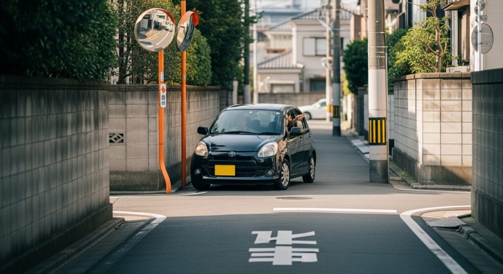 東中野駅近くの住宅街から山手通りに出る直前の車。交差点手前で安全確認している様子。