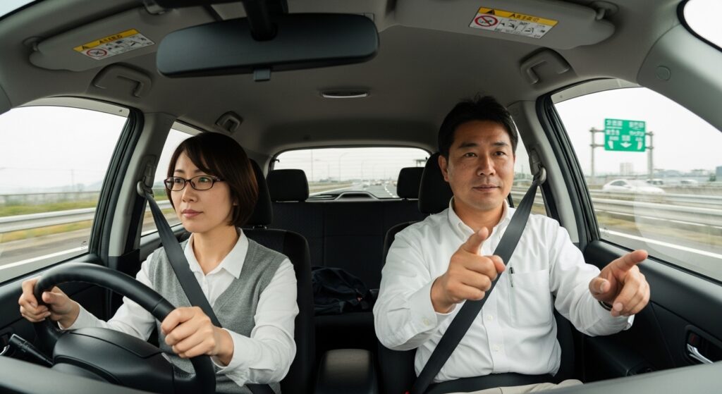 「30代女性がインストラクターと高速道路を走行するペーパードライバー講習」 「高速道路を運転する女性と助手席で指導するインストラクター」