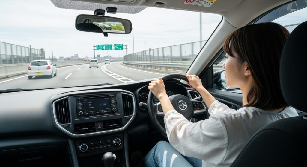 高速道路を走行する20代女性ドライバー。正しい9時15分のハンドル位置を保ちながら、緩やかなカーブで微調整を行い、安全運転を心がけている場面。