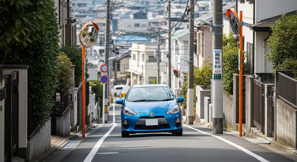 狭い住宅街の坂道で青いコンパクトカーが停車しているシーン｜坂道発進練習を行うペーパードライバー講習
