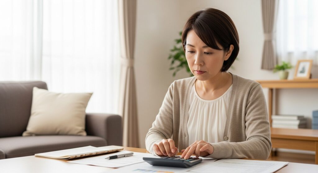 リビングで計算機を使い、ガソリン減税やエコ運転による節約額を計算している50代女性。