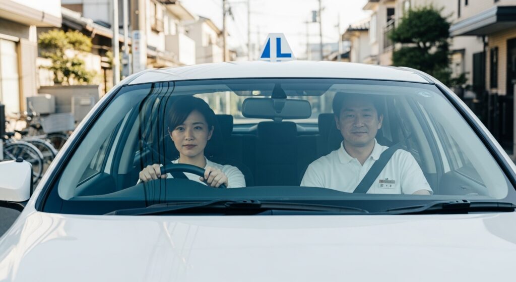 教習車の運転席で女性が真剣な表情でハンドルを握り、指導員が助手席で見守っている様子