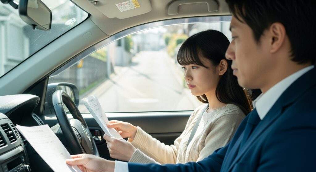 「車内でインストラクターから渡された紙を真剣に読む女性｜狭路坂道のペーパードライバー講習」