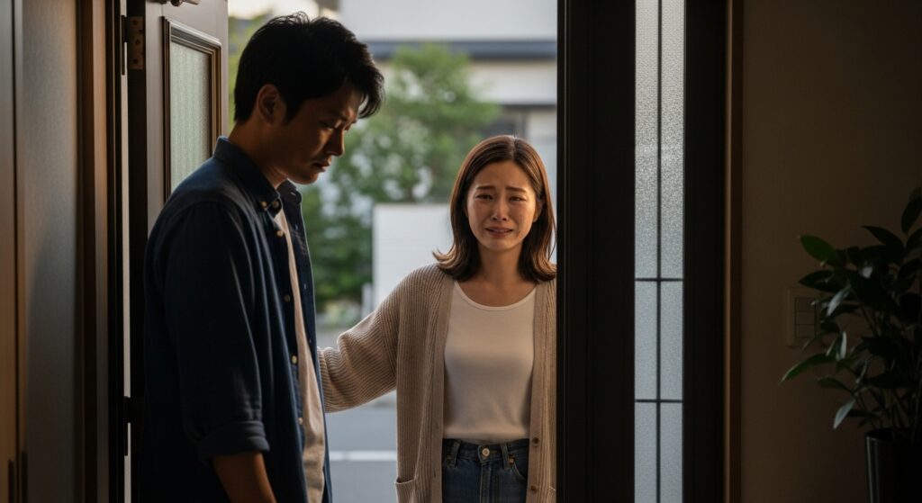 「泣きながら玄関で別れを告げる日本人カップル」 「玄関先で泣きながら男性に別れを告げる女性と、うつむいて立つ男性。揺れる感情が交差する瞬間」