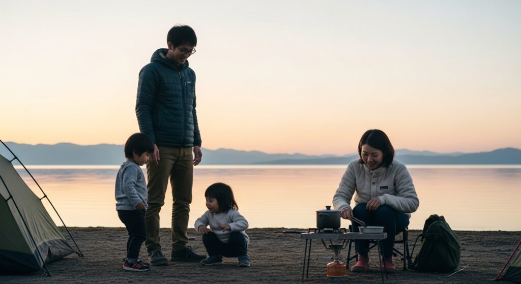 「湖畔キャンプで穏やかな時間を過ごす日本人家族」 「湖畔の夕暮れでキャンプを楽しむ日本人家族。父親と子どもたち、母親は料理をしている穏やかなシーン」