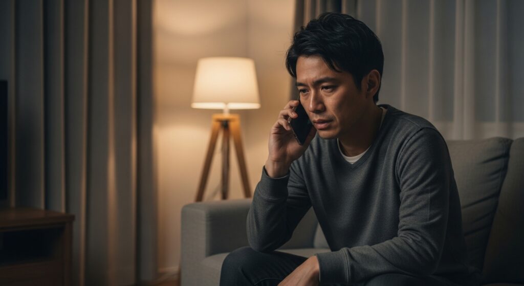 「夜のリビングで沈んだ表情で電話する日本人男性」 「夜のリビングでスマートフォンを耳に当て、沈んだ表情で電話をする日本人男性。後悔と不安が漂うシーン」