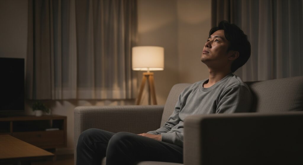 「夜のリビングで後悔と内省に沈む日本人男性」 「夜のリビングでソファに座り、天井を見上げて悩む日本人男性。後悔と内省が漂うシーン」