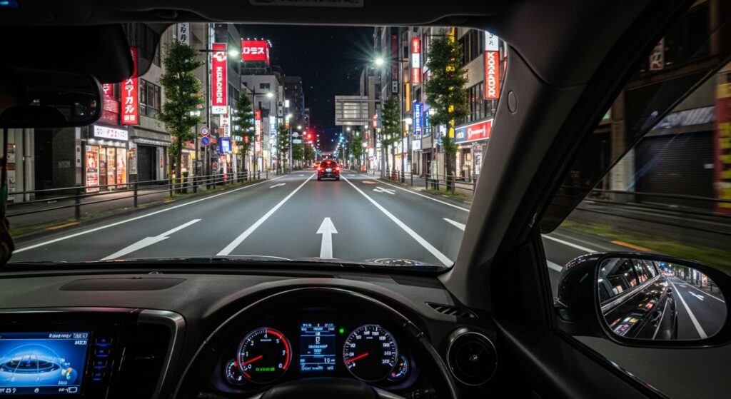 歌舞伎町一丁目交差点付近の夜間ドライバー視点。右折の矢印信号と前走車、ネオンが映る道路が見え、右折判断の緊張感が伝わる。