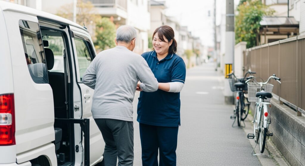 介護職員の女性が高齢者を福祉車両に乗せている様子。笑顔で支えながら乗降をサポートしている。
