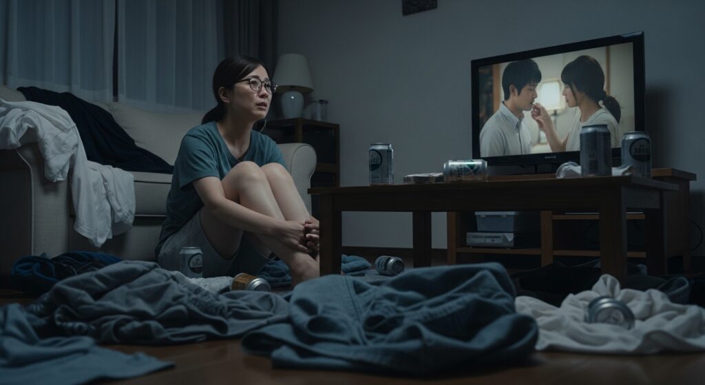 「30代の女性が散らかった部屋で韓国ドラマをテレビで見ている様子」