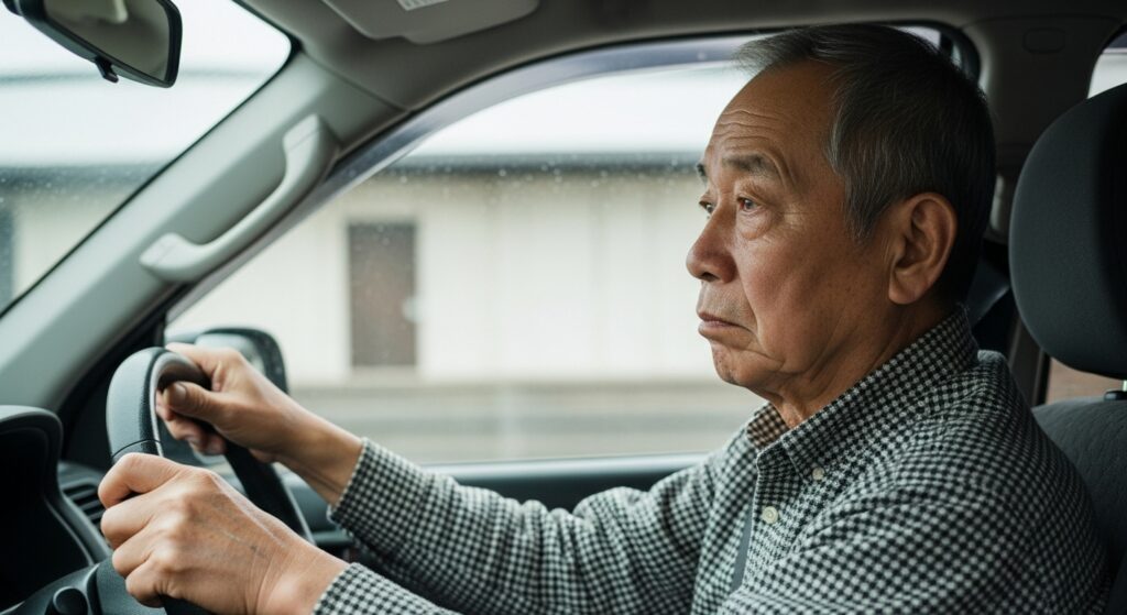 高齢ドライバーが右ハンドルの車を運転している様子。家族にとっては免許返納か運転継続かの判断が大きな悩みとなっている。