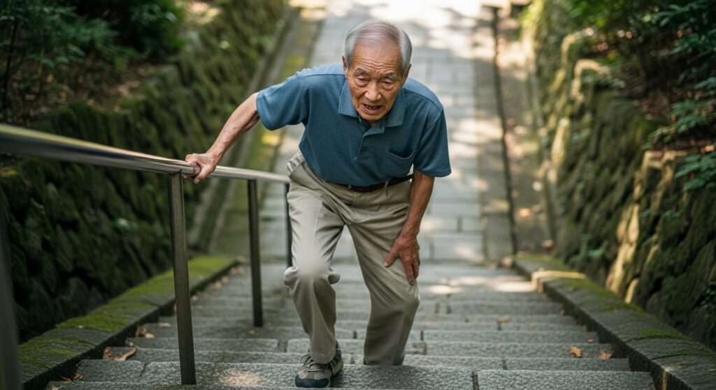階段を登りながら膝に痛みを感じている高齢男性｜体力面での負担と運転講習後の注意点