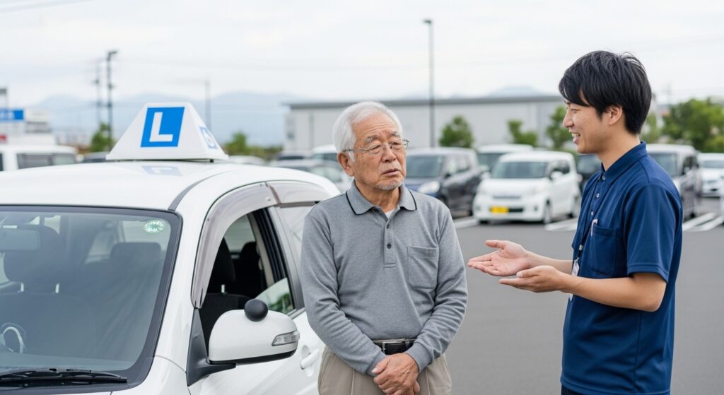 教習車の横で高齢男性とインストラクターが会話している様子｜高齢者講習と運転姿勢の確認