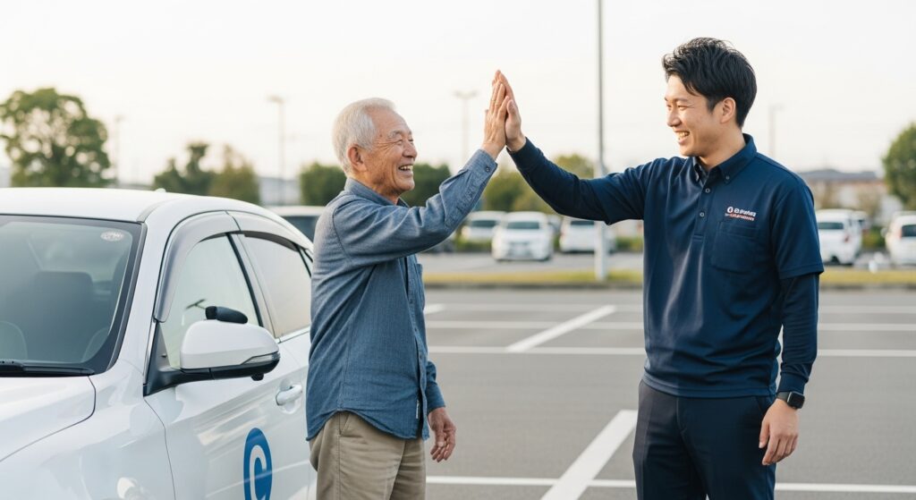 高齢男性とインストラクターがペーパードライバー講習後に駐車場でハイタッチして喜ぶ様子