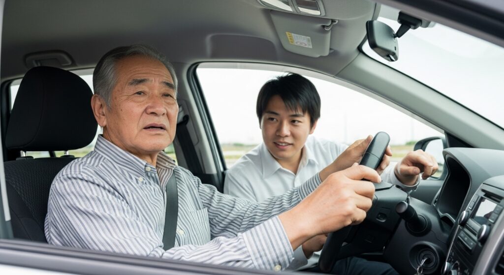 高齢男性が運転練習で右折に挑戦し、助手席のインストラクターが指導している様子